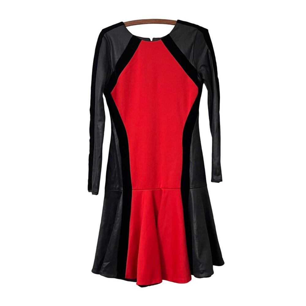 Katharine Kidd Black Red Velvet Trim Ruffle Hem Long Sleeve Dress Size 6